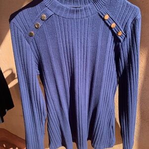 Blue Ribbed Sweater with Button Accents